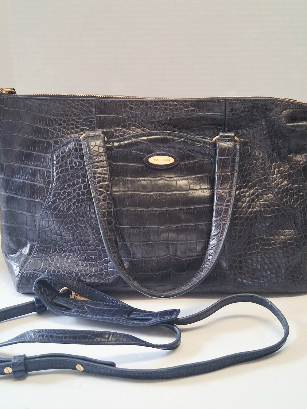 Tahari Navy Gold Tone Crocodile Embossed Top Zip Shoulder Tote Bag Vegan